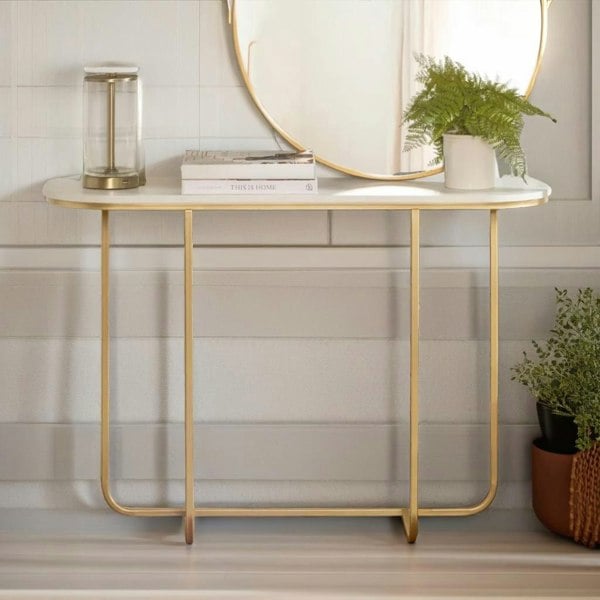 Rafaelo Mobilia Gold Metal Hallway Console Table With Tempered Glass Gold