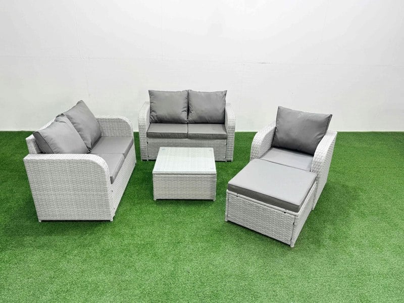 Fimous High Back Rattan Garden Furniture Set with Reclining Chair Loveseat Sofa Square Coffee Table Indoor Outdoor Patio  Set Big Stool Light Grey