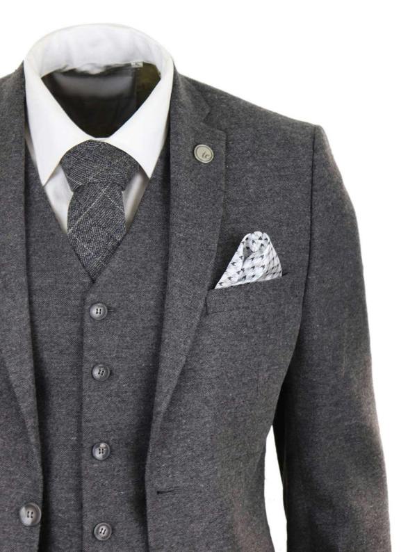 TruClothing Mens 3 Piece Grey Wool Tweed Vintage Retro Suit