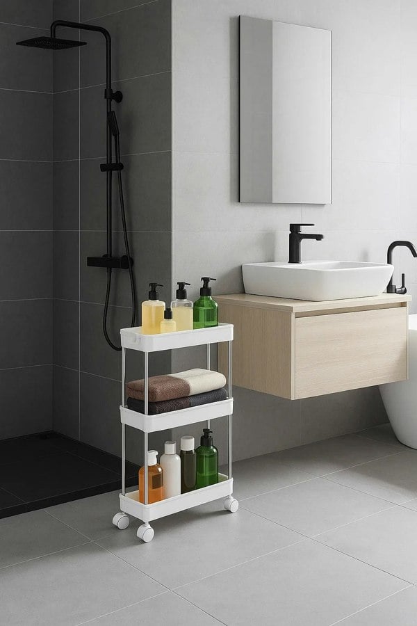 Slim white 3-tier rolling storage trolley with wheels and hooks, ideal for tight spaces in kitchens or bathrooms

