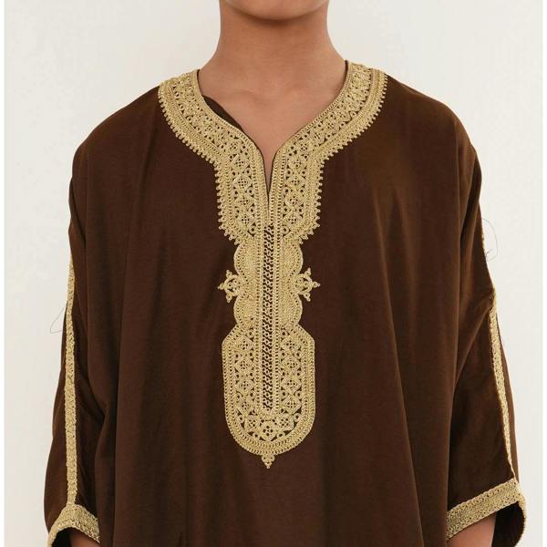 Boy's Moroccan Thobe Half Sleeve Gandoura Embroidery Kaftan - Brown Beige - Thobez - 3