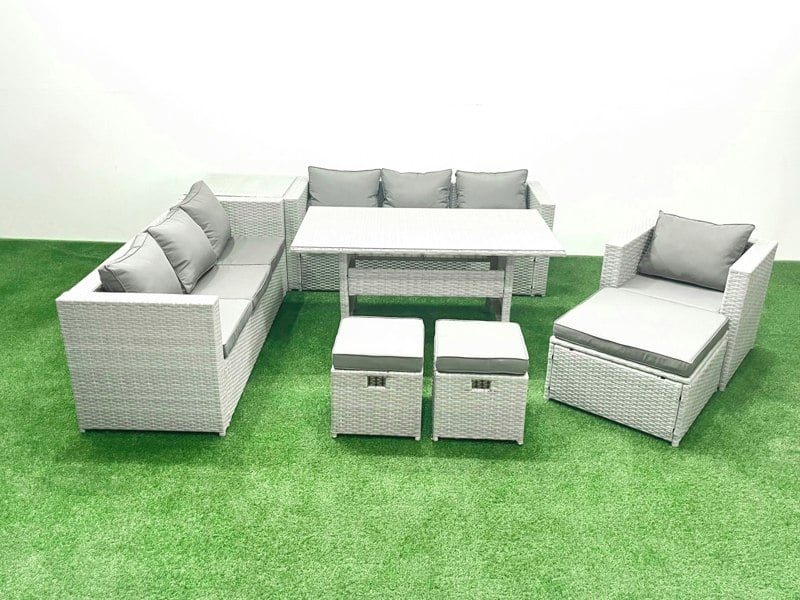 Fimous 8 Pieces Outdoor Rattan Sofa Set with Cushions Patio Garden Furniture Sets with Armchair Dining Table Side Table 3 Footstools