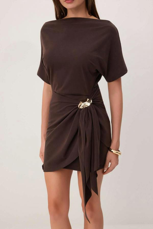 Premium Lyocell Boat Neck Drop Shoulder A-Line Mini Dress