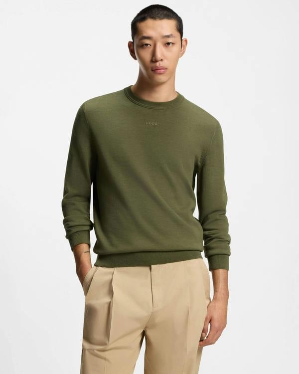 HUGO San Cassius - C2 Mens Crew Neck Jumper - Olive 389 | CHO | Designer Mens Crew Neck Jumpers