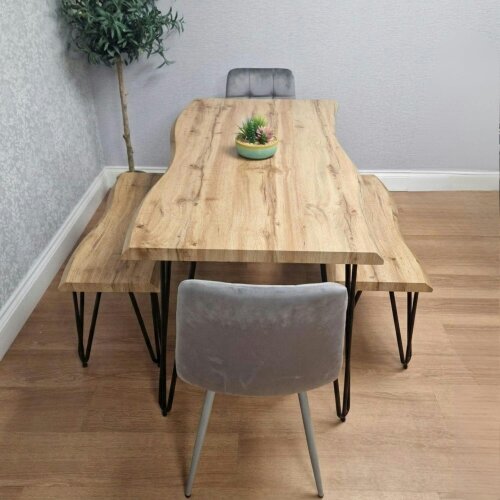 Kosy Koala Modern Dining Table Set With 2 Grey Velvet Chairs And 2 Benches Dining Room Furniture 140cm