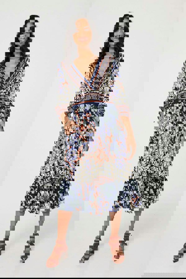 Navy | Floral Border Print V-Neck Midi Dress : Model is 5'7"/170 cm and wears UK8/EU36/US4/AUS8