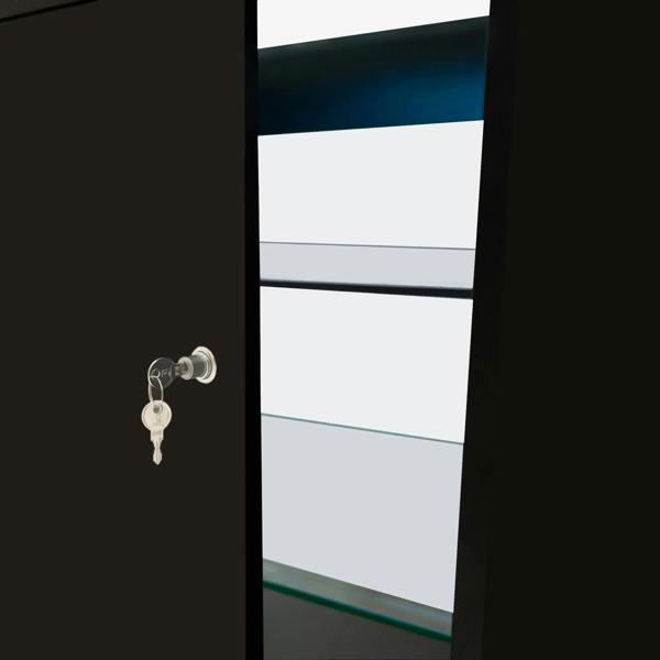 Black LED retail shop counter K1500 with glass shelves, featuring a secure lock and key for added safety and display elegance