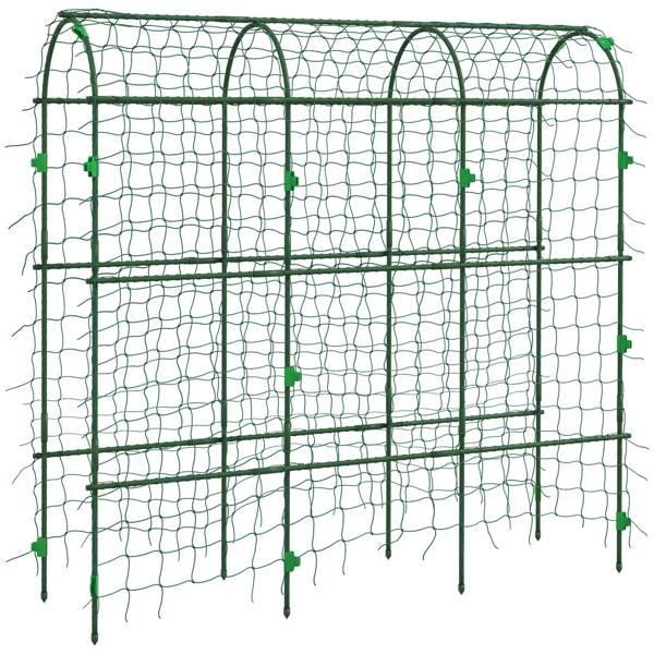 Green metal arch trellis with square grid climbing net and upright support legs