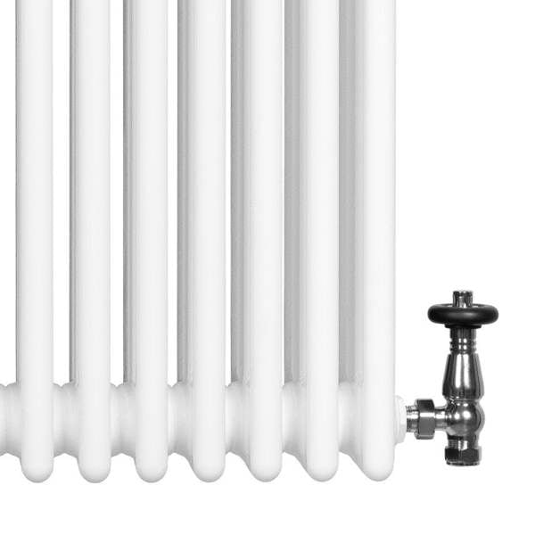 Traditional white 4 column radiator with smooth, glossy finish and a black valve, measuring 1800 x 200mm, ideal for classic interiors