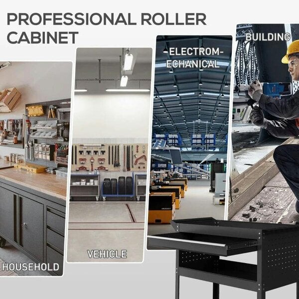 Bobobiy 3-Tier Tool Trolley Cart Storage Shelf Roller Cabinet DIY Box Garage Workshop with Drawer Black