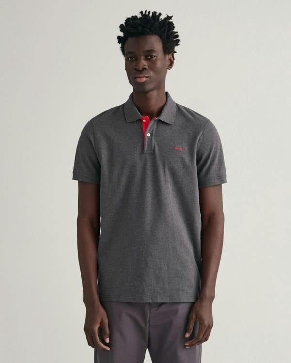 GANT Regular Fit Short Sleeve Contrast Pique Rugger - 95 Anthracite Melange - CHO - Designer Mens Short Sleeve Polo Shirts