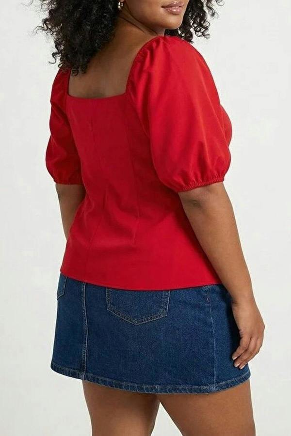 WOVCOR Square Neck Balloon Sleeve Button Detail Woven Plus Size Blouse
