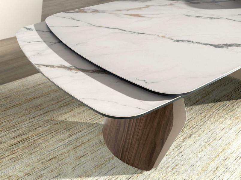 Angel Cerdá Oval barrel-shaped extendable dining table with porcelain marble top, metallic sand-coloured steel and walnut wood 1193