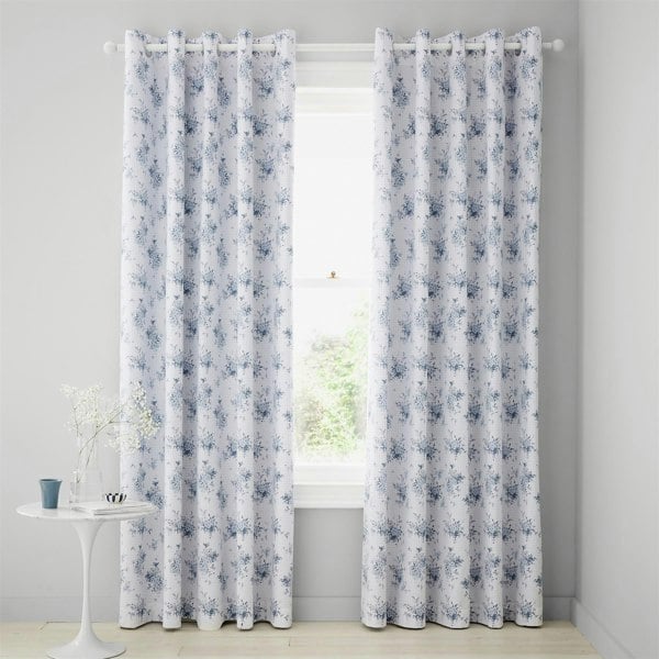 Catherine Lansfield Lucie Floral Frill Blue Fully Lined Ready Made Eyelet Curtains
