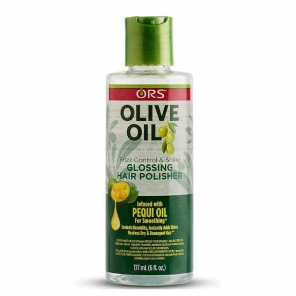 Bottle of ORS Olive Oil Glossing Hair Polisher on a white background
