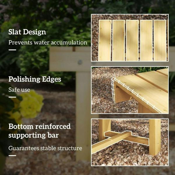 Natural fir wooden slat bench with polished edges and underside reinforcing support bar