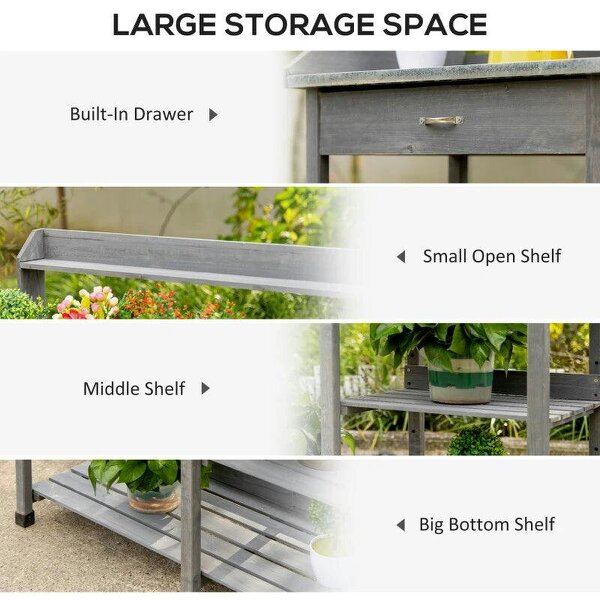 Garden Potting Table with Storage, Workbench, Metal Top, Storage Shelves & Hooks for Patio, Courtyard, Wooden