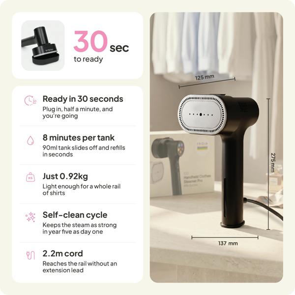 The Fridja f20 Handheld Clothes Steamer Pro with Suction, shown in sleek black on a table, is highlighted by text showcasing its features: it heats up in just 30 seconds, provides up to 8 minutes of steaming per tank, weighs only 0.92kg, offers a convenient self-clean cycle, includes a generous 2.2m cord for easy reach, and measures 275x137x125mm.