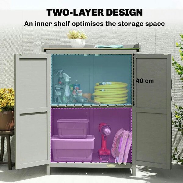 Wooden Garden Shed, Garden Tool Storage Shed with Shelf and Side Hooks, 71.5 x 39 x 95 cm, Grey