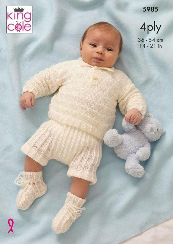 King Cole Cherished 4 Ply Knitting Pattern 5985, Sweaters, Trousers, Shoes for Baby, 14 - 21 Inches