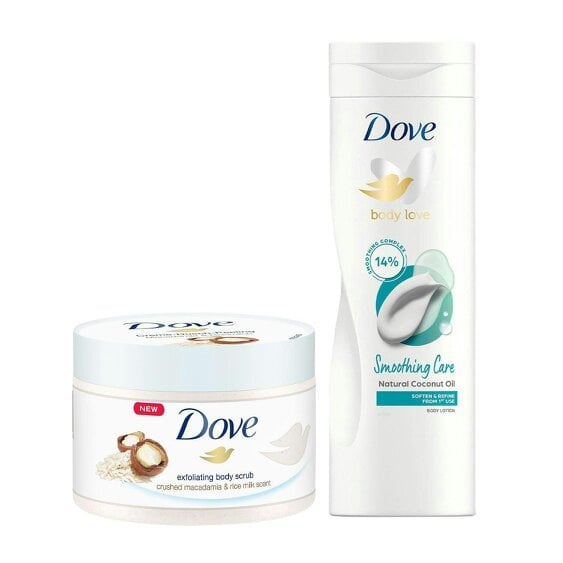 Dove Macadamia & Rice Milk Body Scrub 225ml & Smoothing Care Body Lotion 400ml