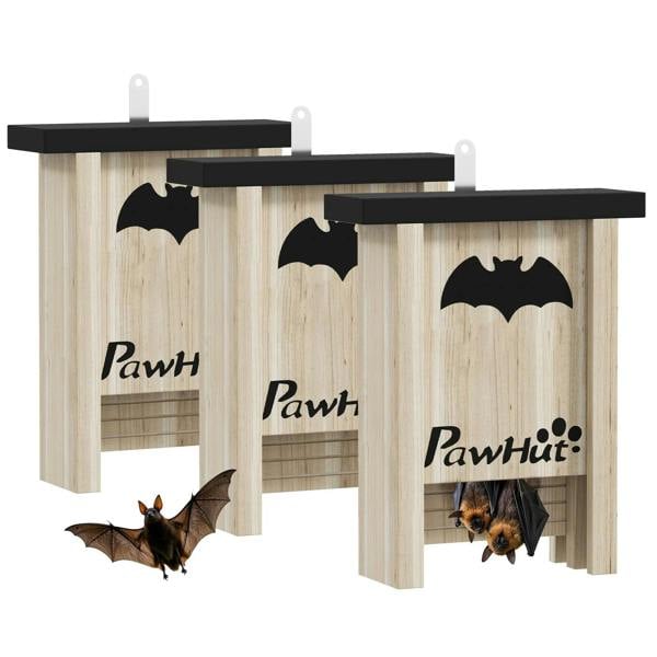 Three natural wood bat houses with black overhang roofs and bat-shaped entry cutouts