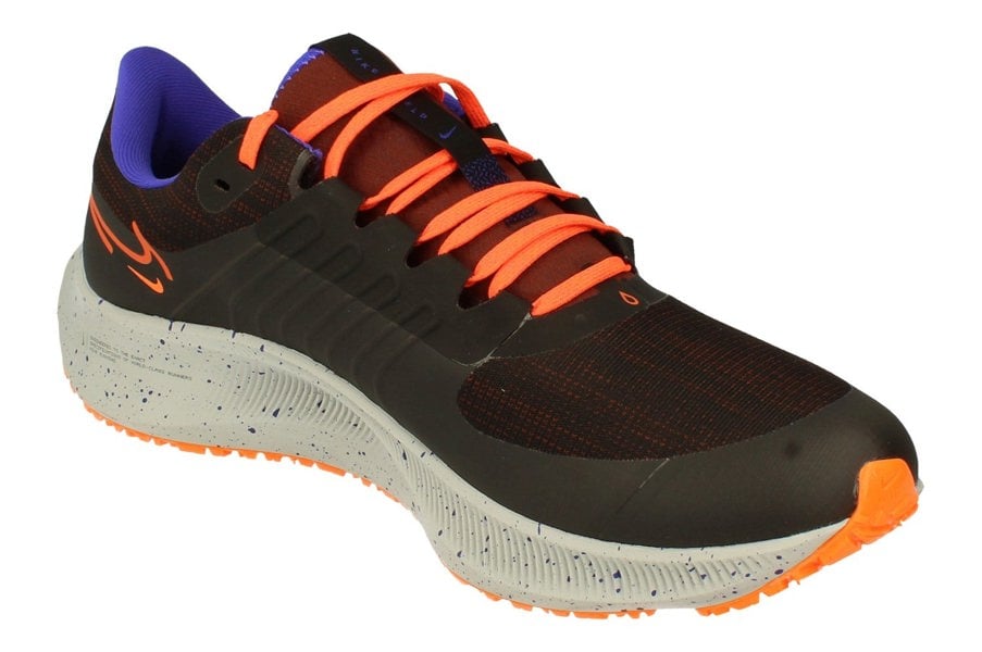 A front, right angle of the Nike Air Zoom Pegasus 38s highlighting the Storm-Tread outsole.