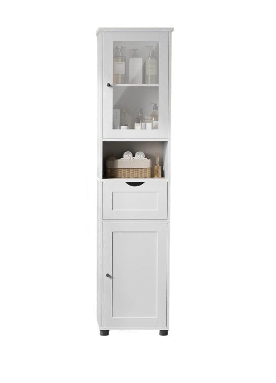Modcraft Free-Standing Tall Bathroom Cabinet with Drawer, Glass Door & Open Shelf - Cloud White