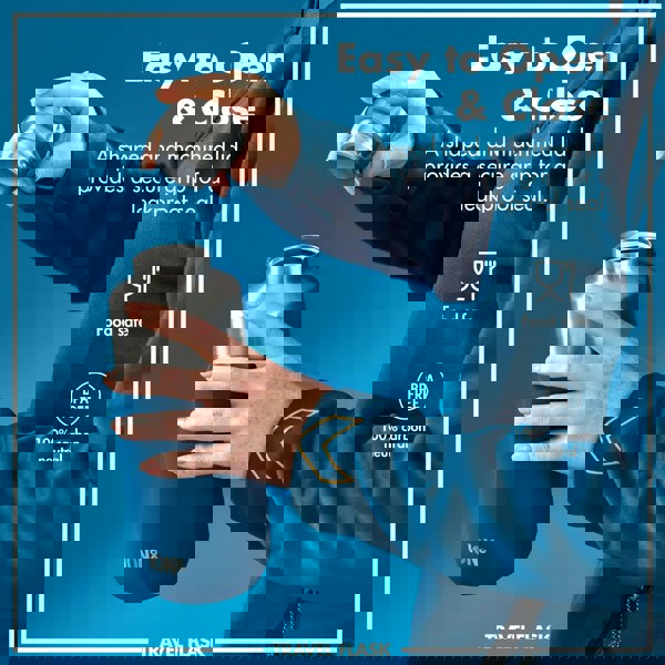 Hands open a metal travel flask with a machined lid surrounded by text: Easy to Open & Close A shaped and machined lid provides a secure grip for a leakproof seal Food safe BPA FREE 100% carbon neutral ION8 TRAVEL FLASK