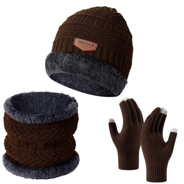 Obasyhig Fleece-Lined Knitted Winter 3-Piece Set - Brown - Style 3