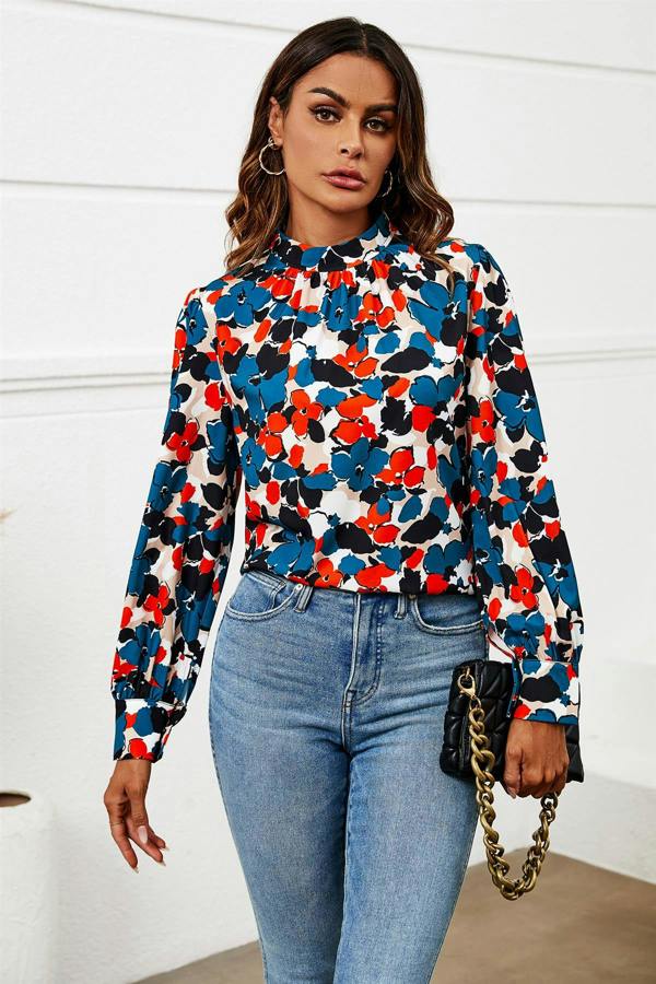FS Collection Floral Print Long Sleeve High Neck Top In Blue
