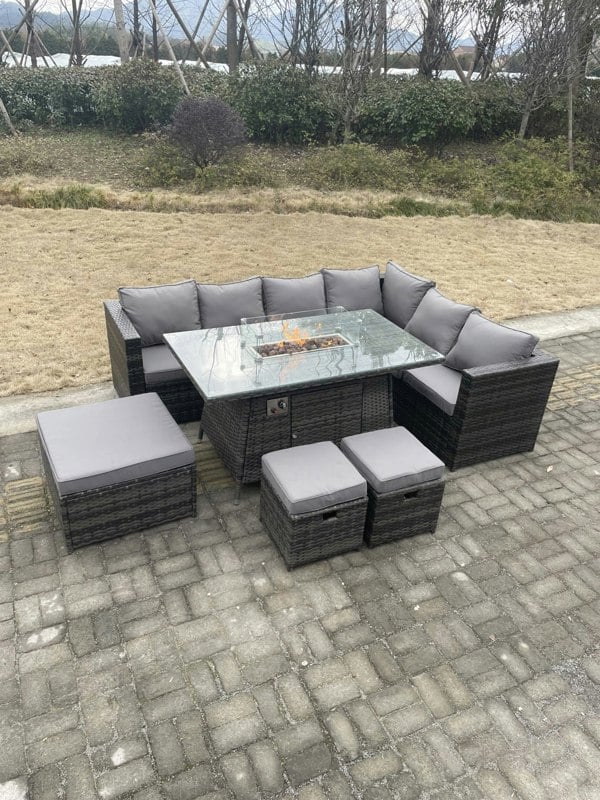 Fimous Rattan Corner Sofa Set Gas Firepit Dining Table Set Patio Heater Burner With Big Footstool Dark Grey Mixed 9 Seater