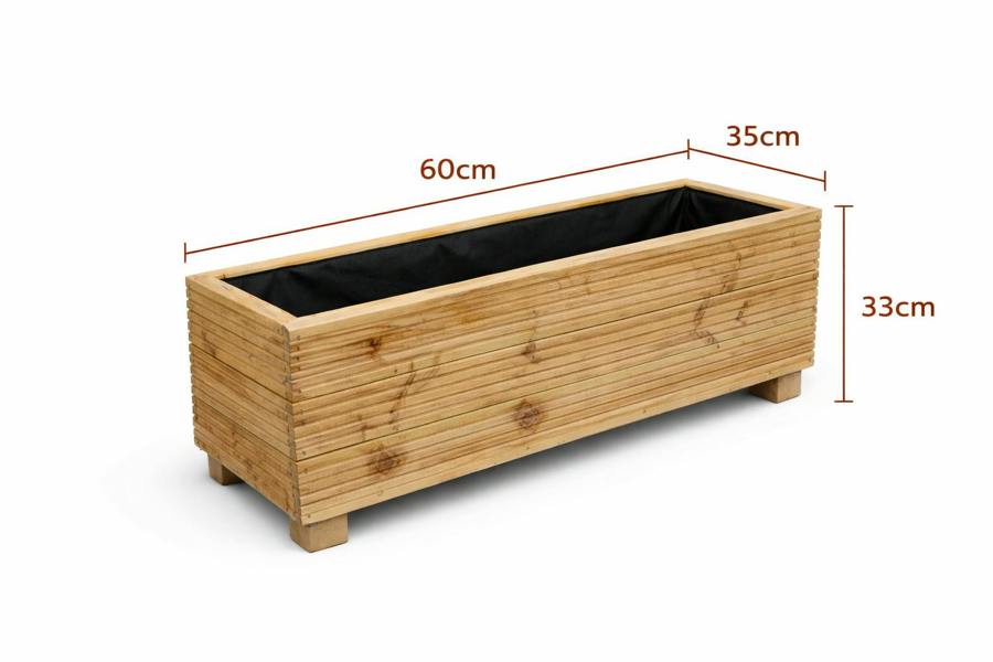 Decking garden trough planter with 35cm width and 33cm height dimensions shown