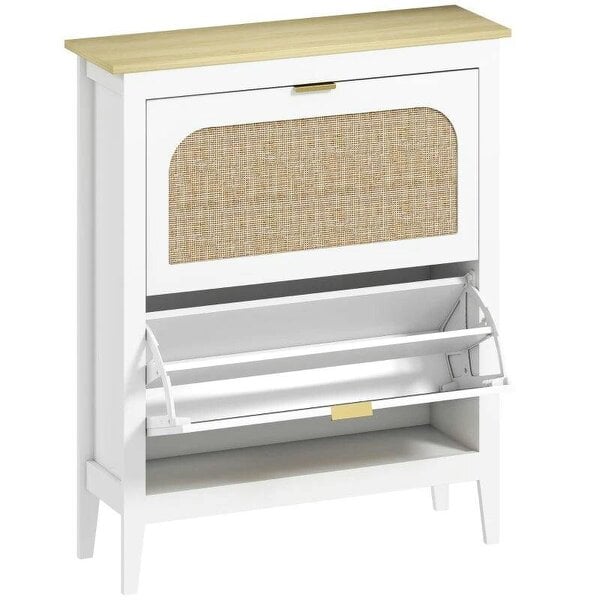 Bobobiy Narrow Shoe Cabinet, Boho Slim Shoe Storage Cabinet with 2 Flip Drawers, Holds 14 Pairs, White