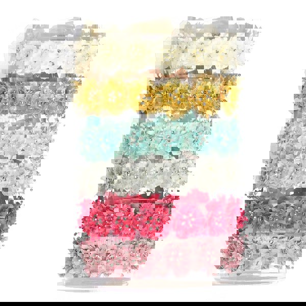 Fabric flower garlands in ivory, gold, white, and pink