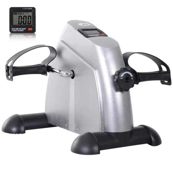 Silver mini pedal exercise bike with LCD display and dual hand/foot straps