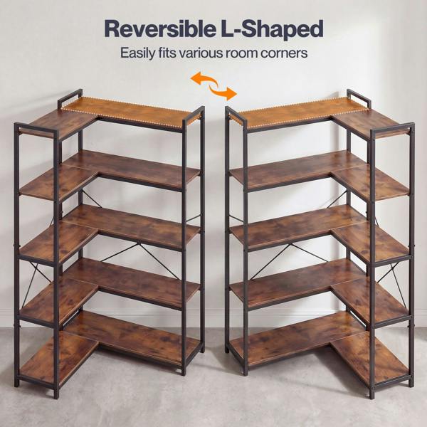Levede Corner Bookcase 5-Tier L-Shaped Bookshelf Space-Saving Spice Walnut Black Metal