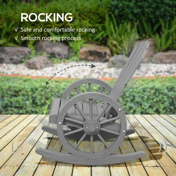 Grey wooden rocking chair on deck, front view of circular wheels and curved rockers