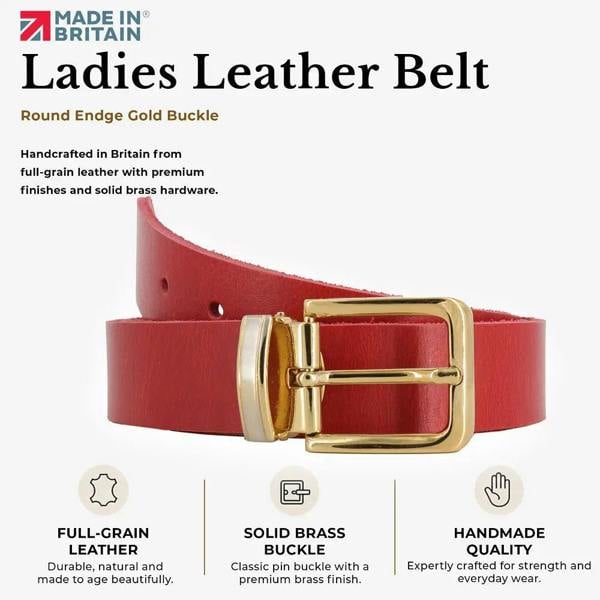 Red leather belt with gold buckle on a white background, featuring text about Made in Britain quality.