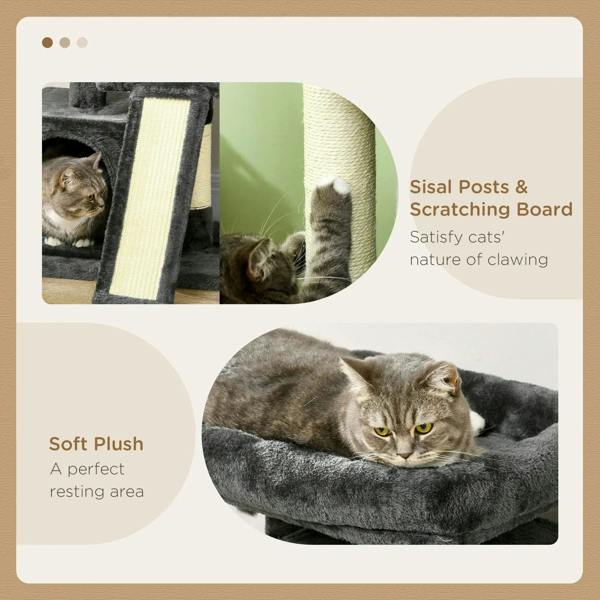 Black cat tree showing plush resting area and sisal scratching board on a tall post