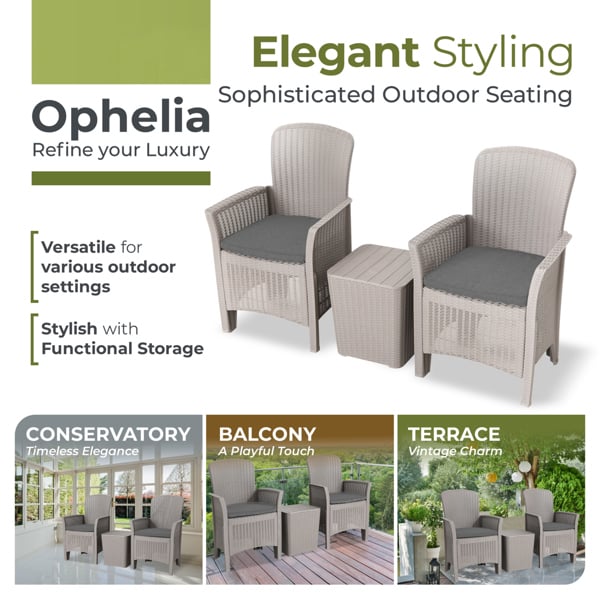 Homeology OPHELIA 3-Piece Rattan Garden Furniture High Back Armchair Set with Side Table in Grey