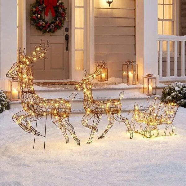 Bobobiy 3-Piece Lighted Reindeer and Sleigh Set, PP Rattan Outdoor Christmas Decoration with LEDs, 8 Modes, Daily Timer - Brown