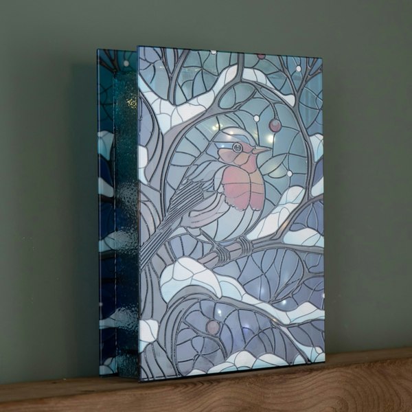 Samuel Alexander 28cm Battery Powered Light up Stained Glass Christmas Decoration with Robin & Warm White LEDs