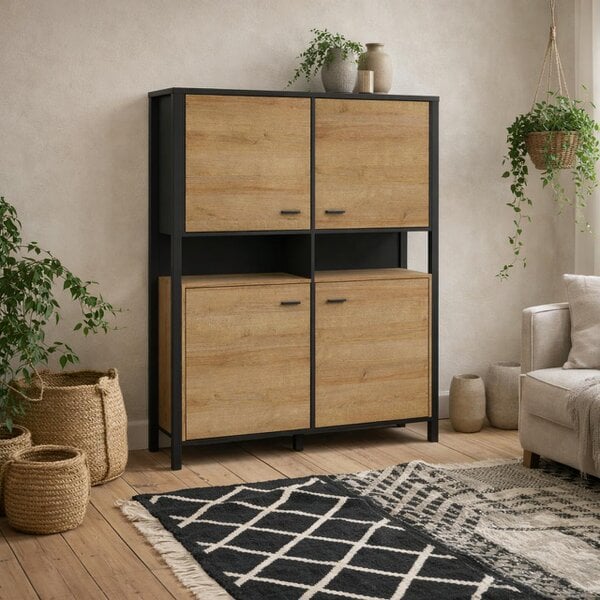 Wyld Haus Egtved Black and Natural Oak Wood Effect Storage Cabinet 4 Doors