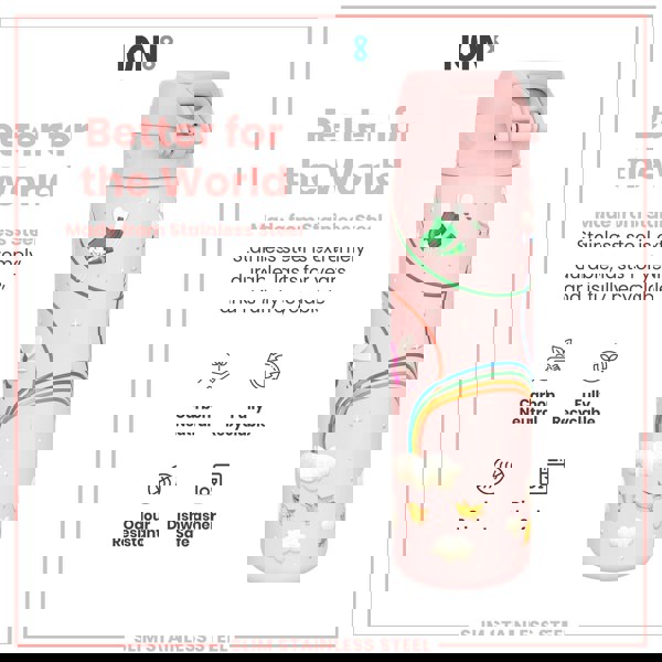 A pink, stainless steel water bottle, featuring a whimsical fairy design, sits against a white background. The bottle is described as carbon neutral, fully recyclable, odour resistant, and dishwasher safe.