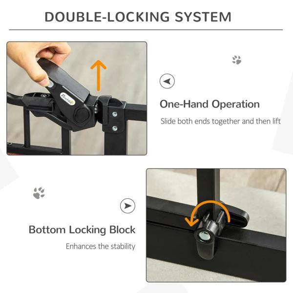 Black pet safety gate auto-close locking block and one-hand slide latch detail