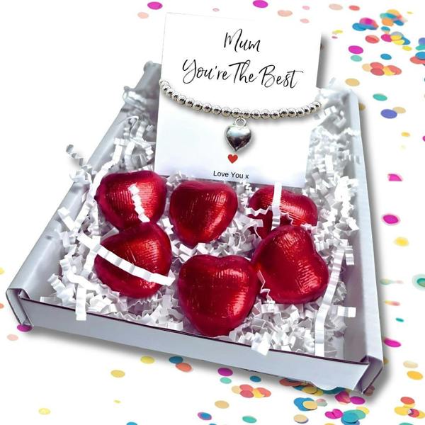 Aye Do Gifts Mum Gift Box, Silver Heart Bracelet & Chocolate Hearts