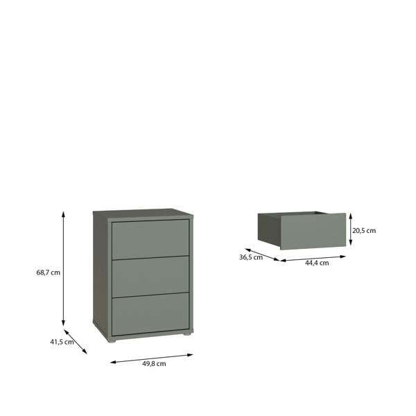 Furniture To Go Alice Springs Bedside Cabinet with 3 Drawers Push-to-Open in Sage Green