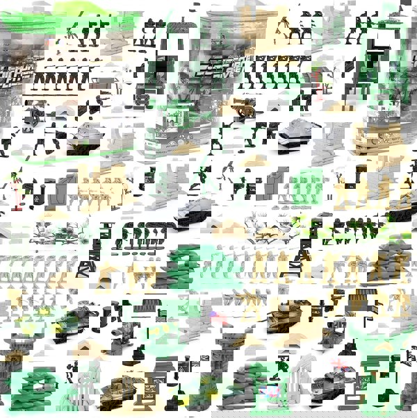 deAO Toys 100 Piece Military Play Set with Toy Soldiers Military Figures Tanks Planes Flags Carry Case