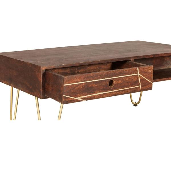 Wyld Haus Bandung Dark Mango Wood and Gold Rectangular Coffee Table 1 Drawer 1 Open Shelf